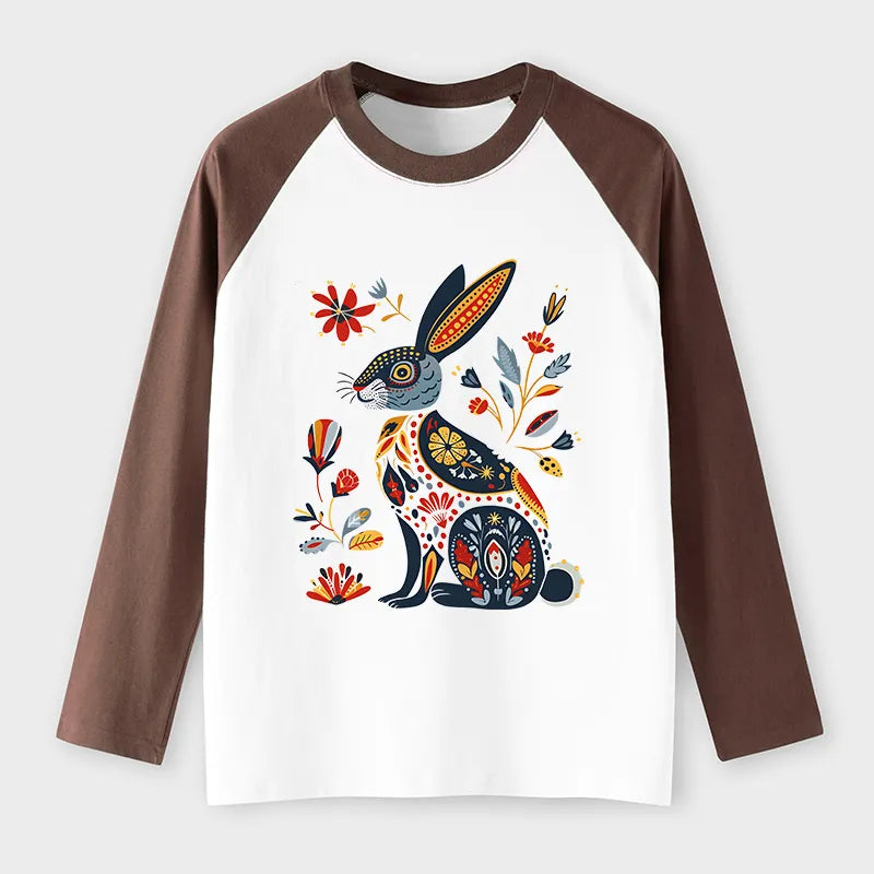 Kyoto-Lion Folk Hare Bloom Raglan Long Sleeve T-shirt