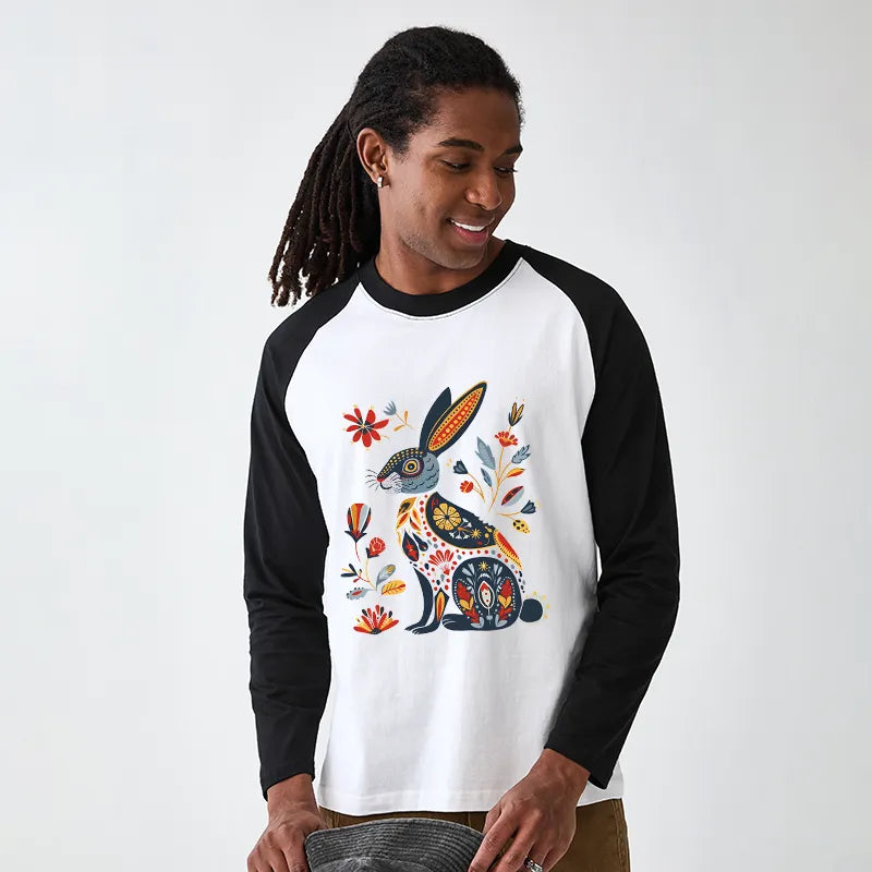 Kyoto-Lion Folk Hare Bloom Raglan Long Sleeve T-shirt