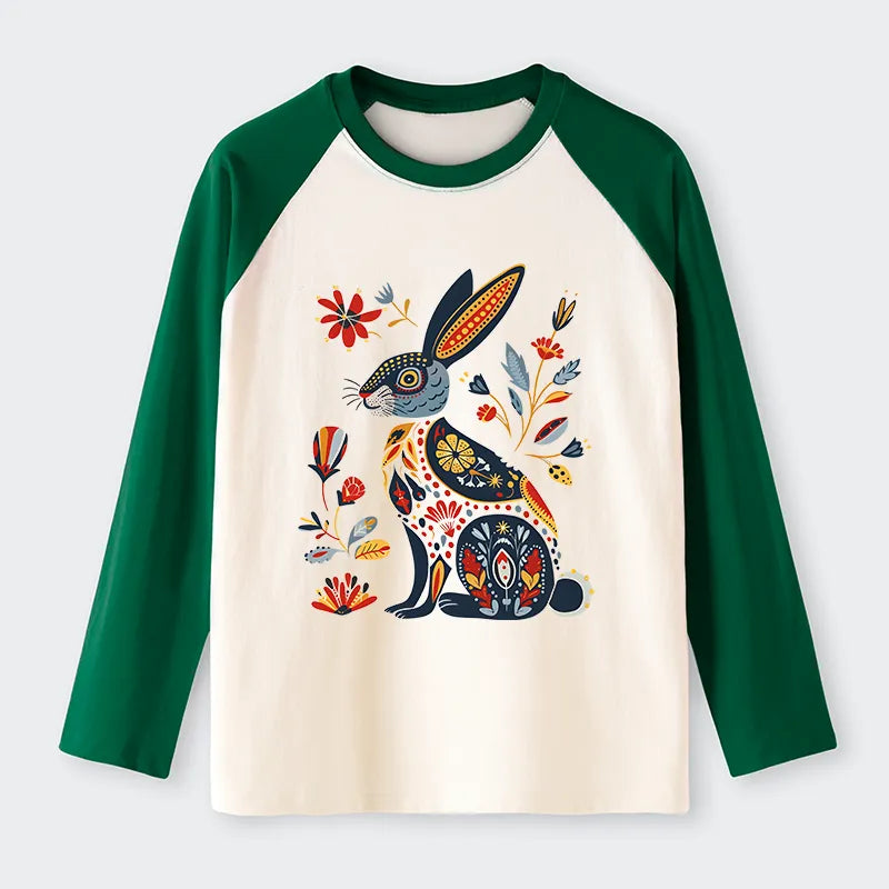 Kyoto-Lion Folk Hare Bloom Raglan Long Sleeve T-shirt