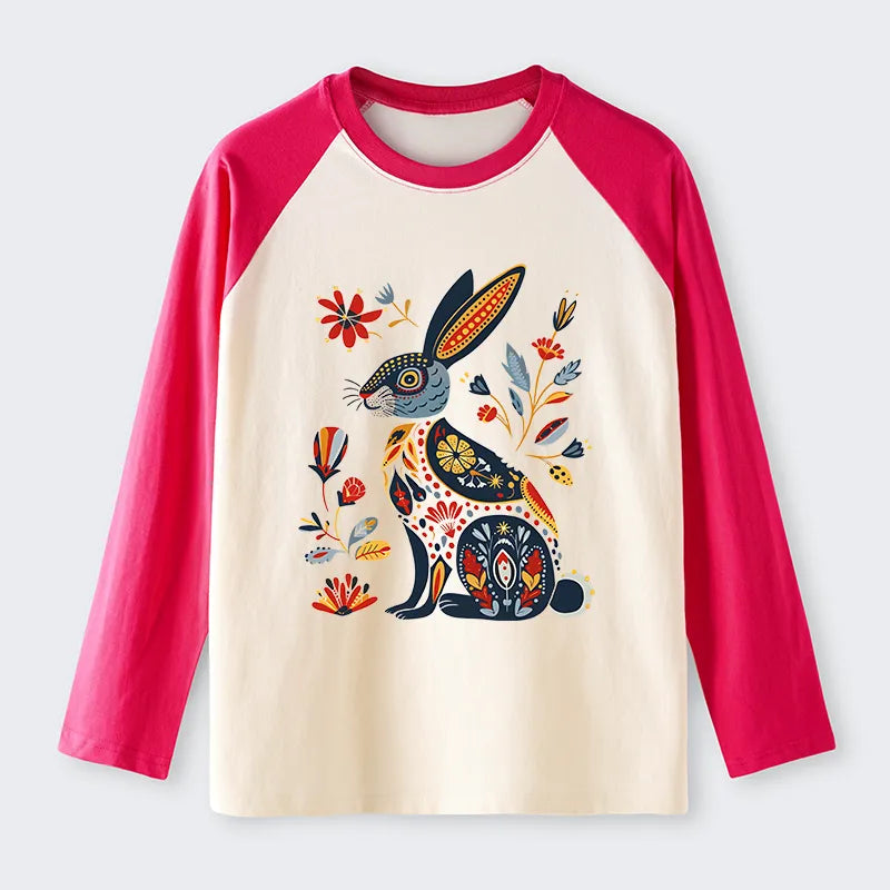 Kyoto-Lion Folk Hare Bloom Raglan Long Sleeve T-shirt