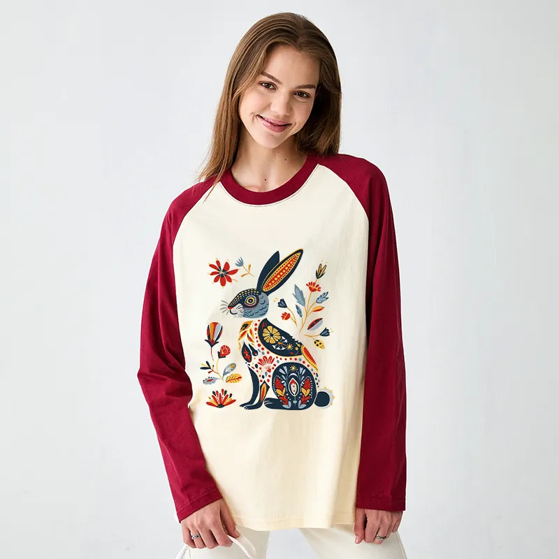 Kyoto-Lion Folk Hare Bloom Raglan Long Sleeve T-shirt
