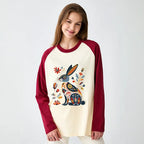 Kyoto-Lion Folk Hare Bloom Raglan Long Sleeve T-shirt