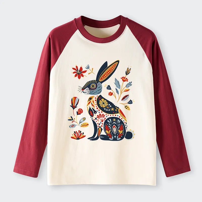 Kyoto-Lion Folk Hare Bloom Raglan Long Sleeve T-shirt
