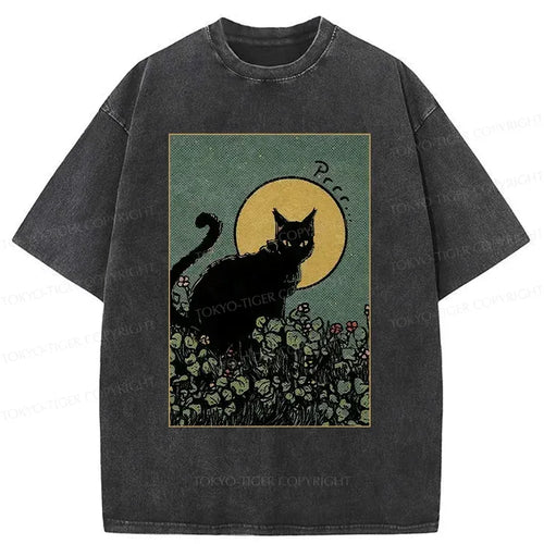 Kyoto-Lion Black Cat At Night Washed T-Shirt