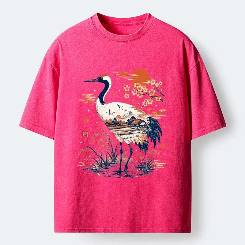 Kyoto-Lion Crane Body Holds Entire Scenery Washed T-Shirt