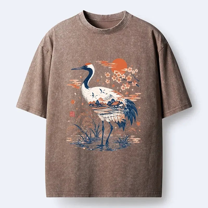Kyoto-Lion Crane Body Holds Entire Scenery Washed T-Shirt