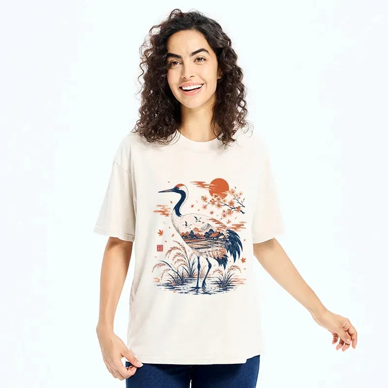 Kyoto-Lion Crane Body Holds Entire Scenery Washed T-Shirt