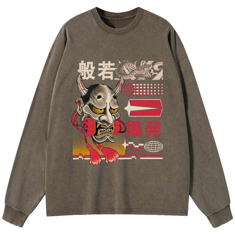 Kyoto-Lion Hannya Mask Japanese Washed Long Sleeve T-Shirt