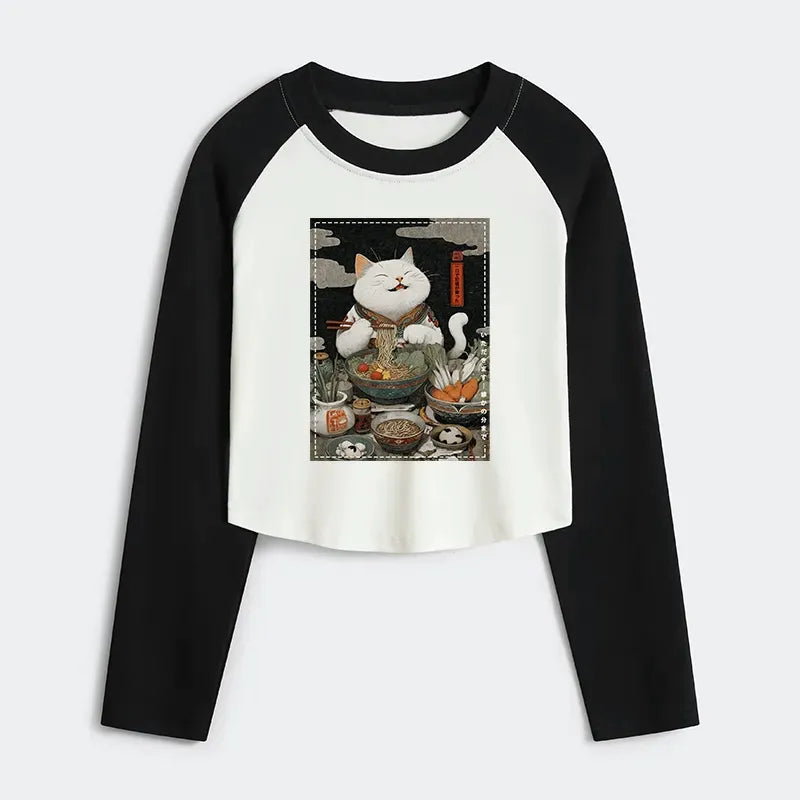 Kyoto-Lion The Ramen-Loving Cat Women's Crop Raglan T-Shirt