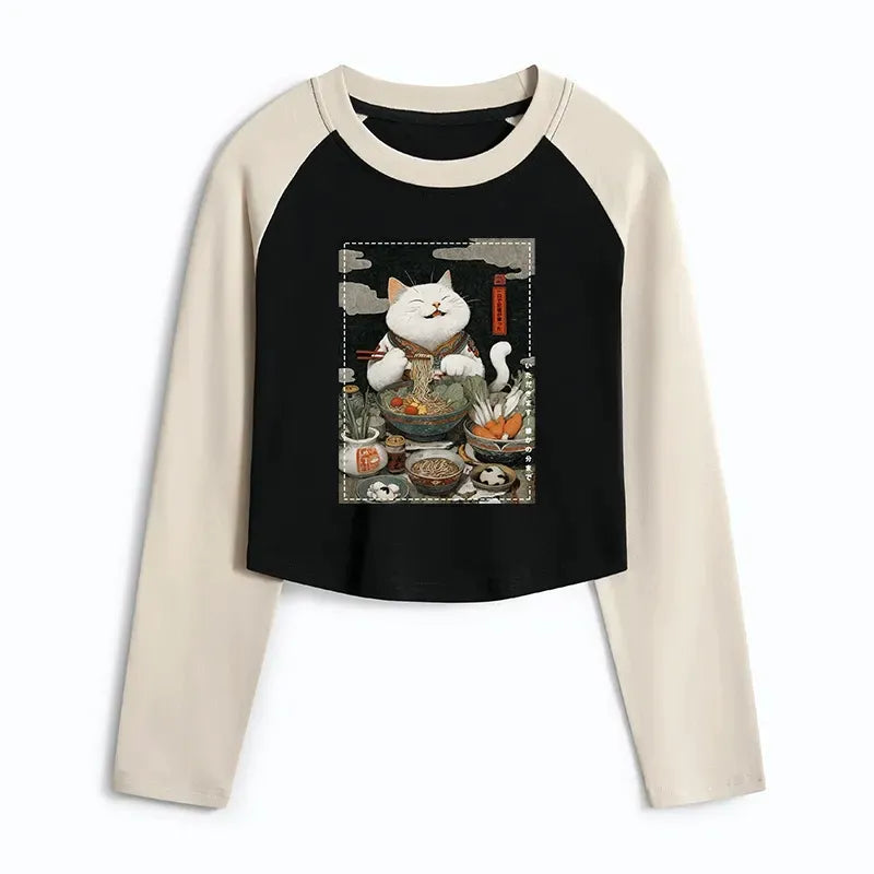 japanese cat ramen crop raglan t-shirt