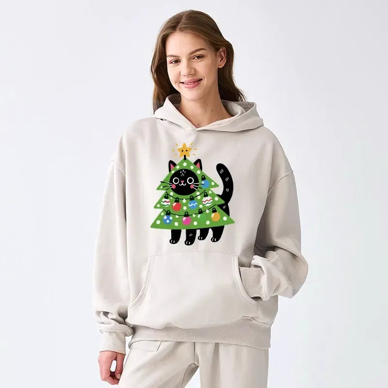 Kyoto-Lion Christmas Tree Cat Adult Fleece Hoodie