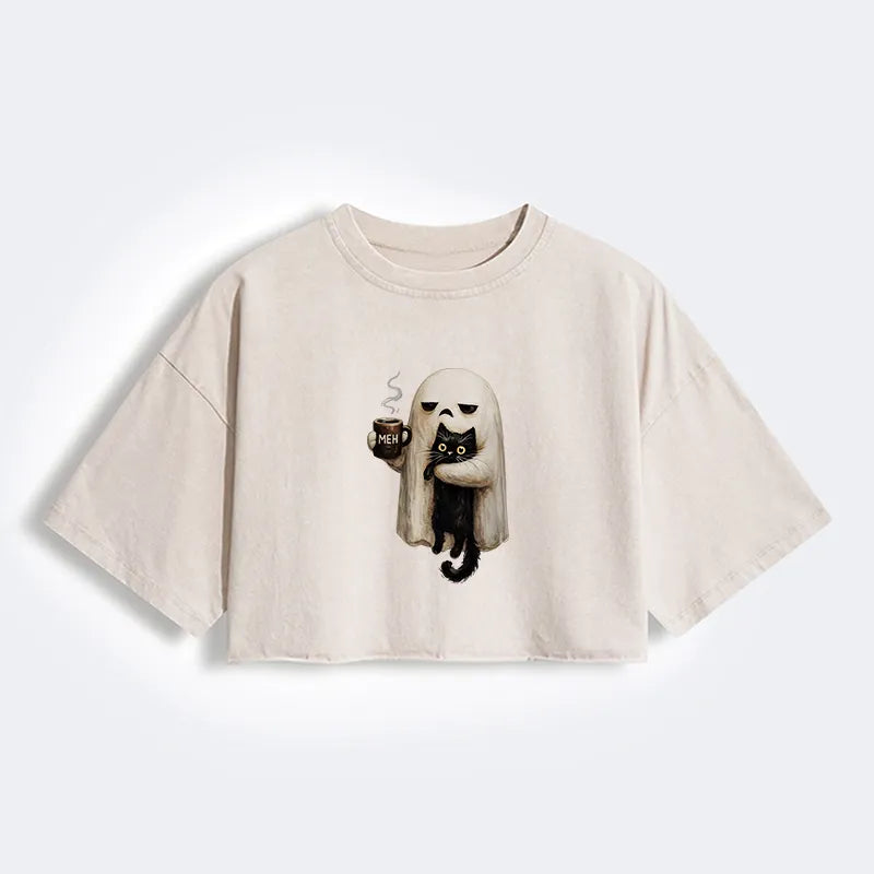 Kyoto-Lion Ghost Cat Coffee Mood Women's Washed Crop T-Shirt