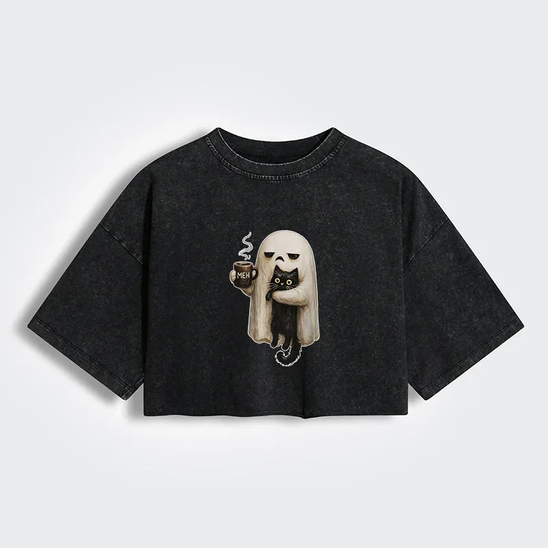 Kyoto-Lion Ghost Cat Coffee Mood Women's Washed Crop T-Shirt