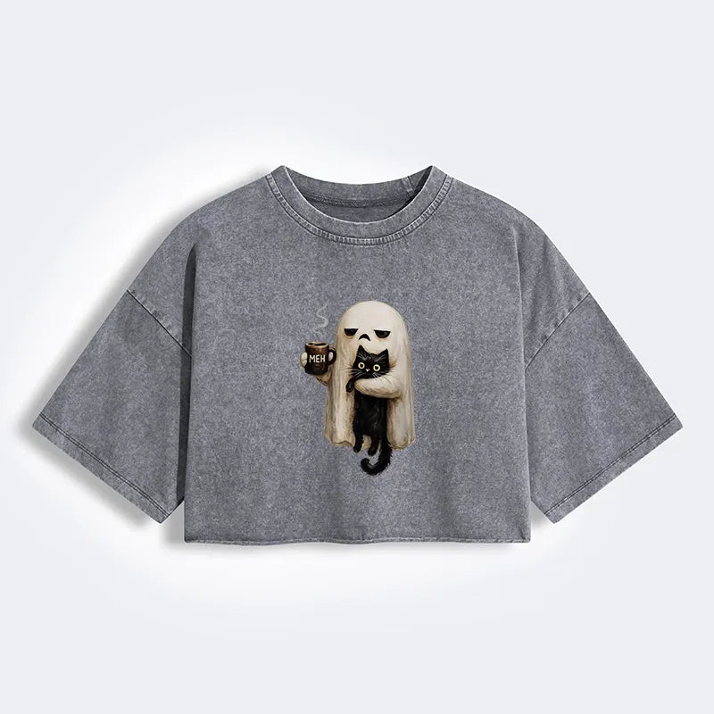 Kyoto-Lion Ghost Cat Coffee Mood Women's Washed Crop T-Shirt