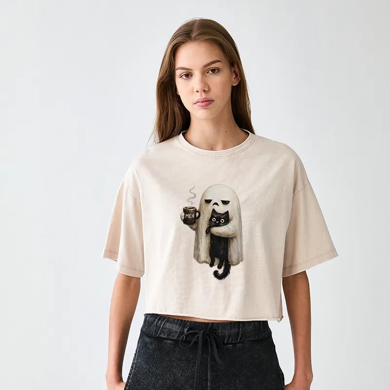 Kyoto-Lion Ghost Cat Coffee Mood Women's Washed Crop T-Shirt