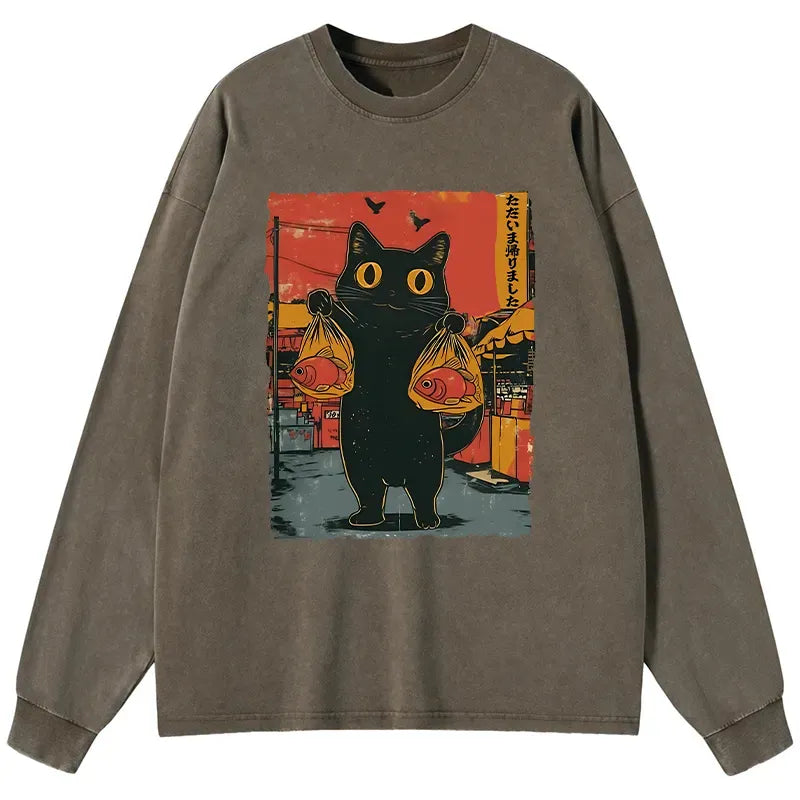 japanese cat fishing washed long sleeve t-shirt