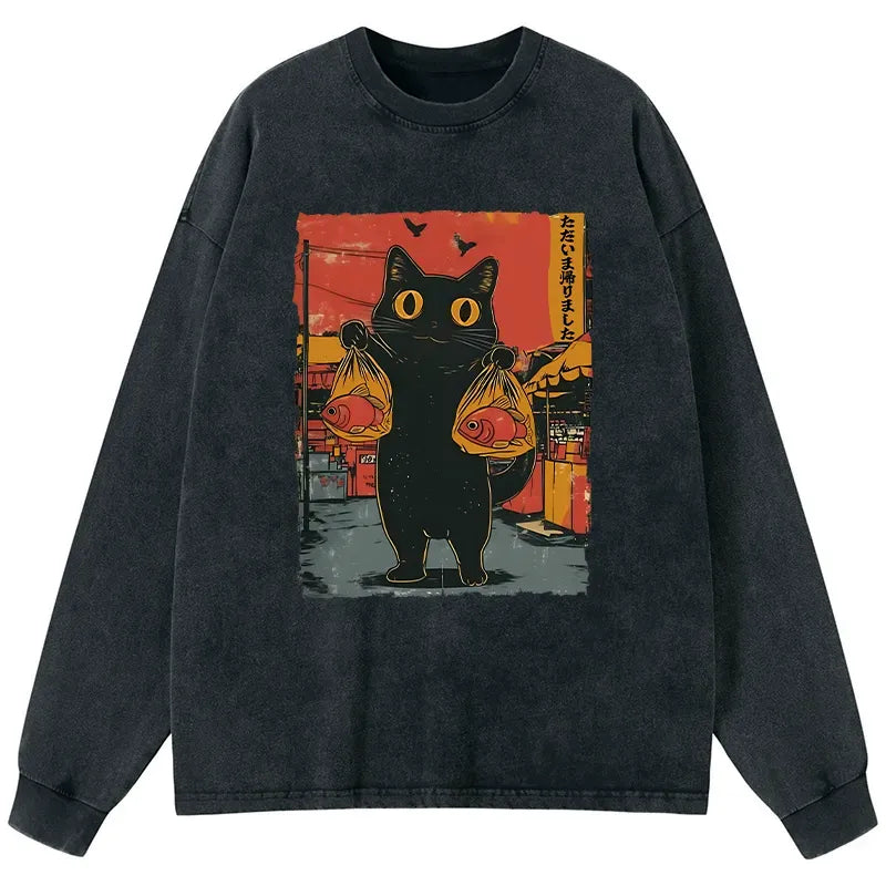 Kyoto-Lion Cat Fishing Japanese Washed Long Sleeve T-Shirt