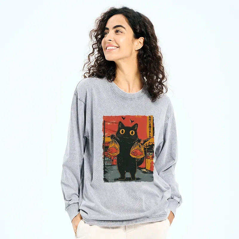 japanese cat fishing washed long sleeve t-shirt