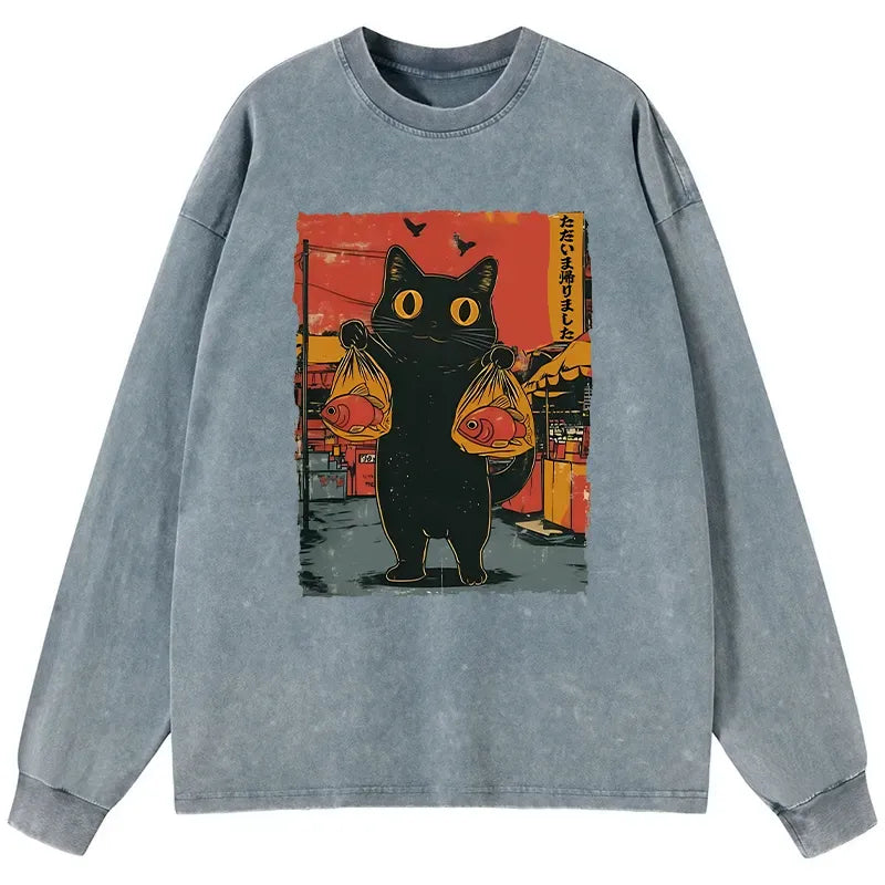 japanese cat fishing washed long sleeve t-shirt