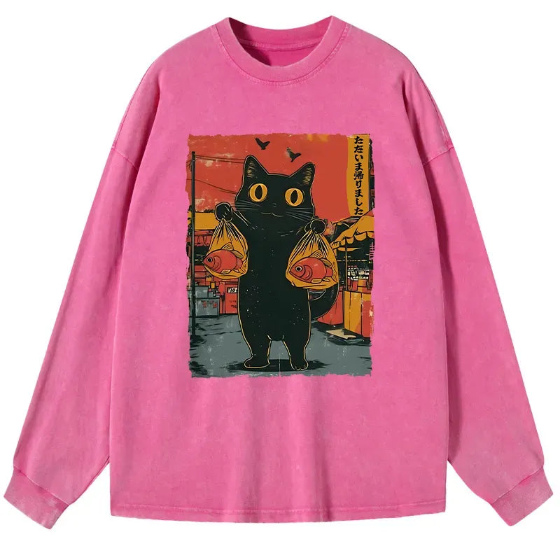japanese cat fishing washed long sleeve t-shirt