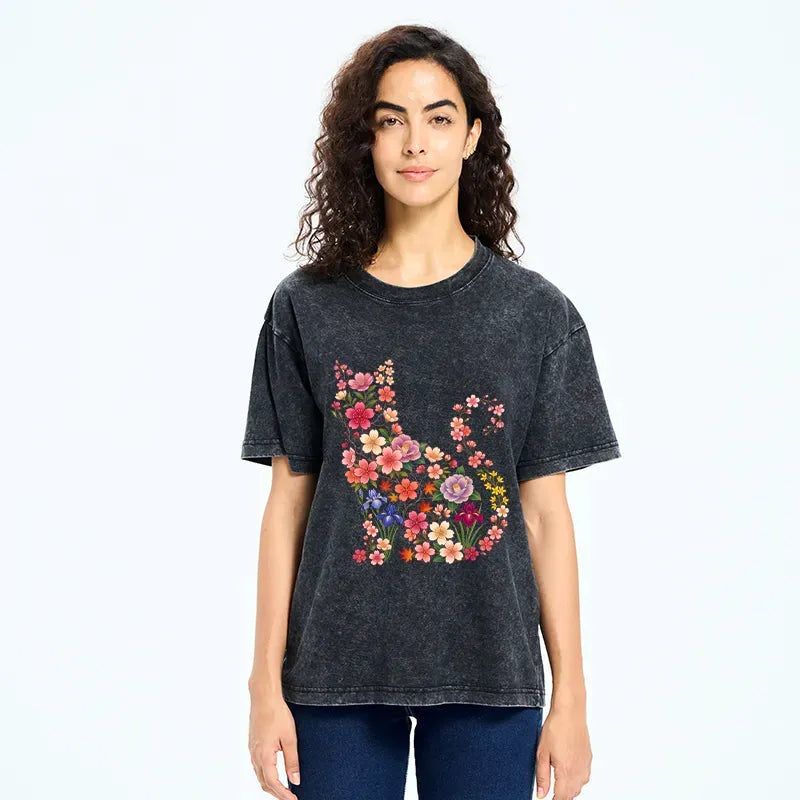 Japanese washed cat t-shirt for daily wear