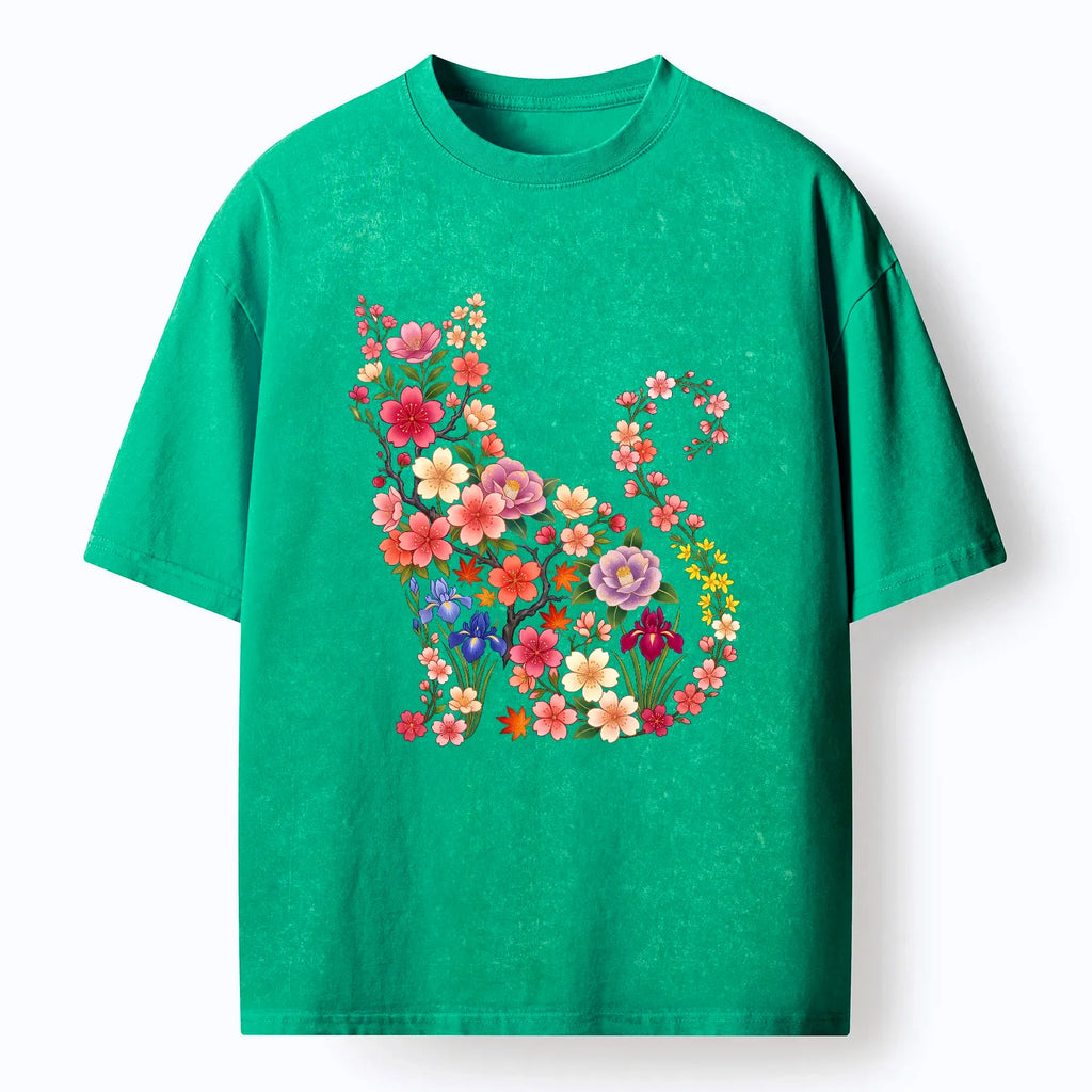 Japanese washed cat t-shirt for daily wear