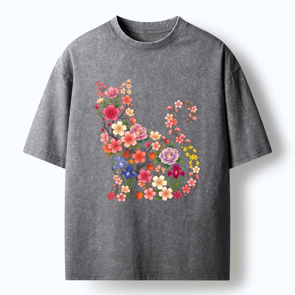 Japanese washed cat t-shirt for daily wear
