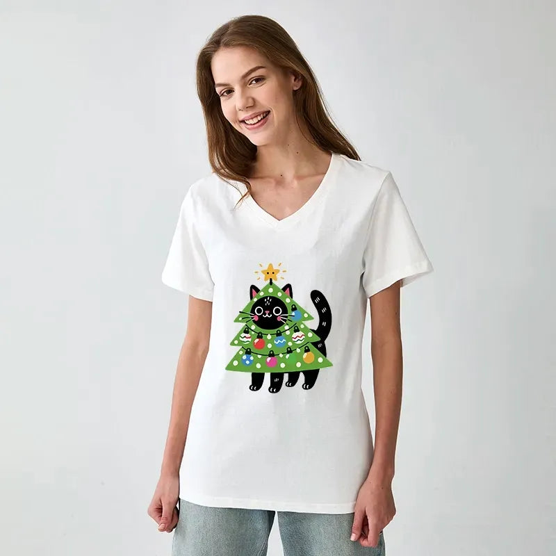 Kyoto-Lion Christmas Cat V-Neck T-Shirt