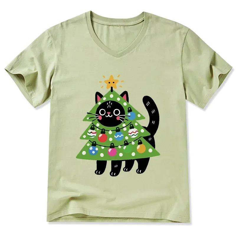Kyoto-Lion Christmas Tree Cat V-Neck Classic T-Shirt
