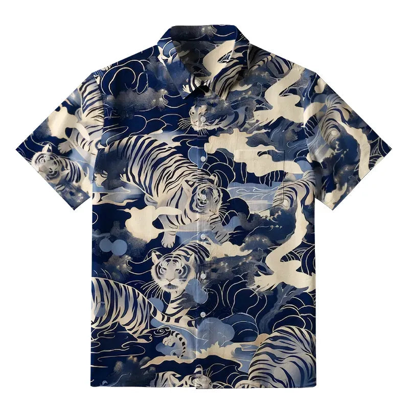 Kyoto-Lion Tiger In The Waves Button-up Shirt