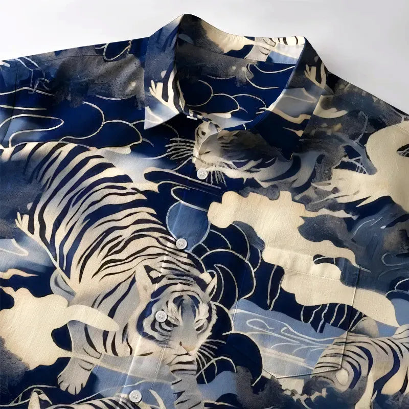 Kyoto-Lion Tiger In The Waves Button-up Shirt