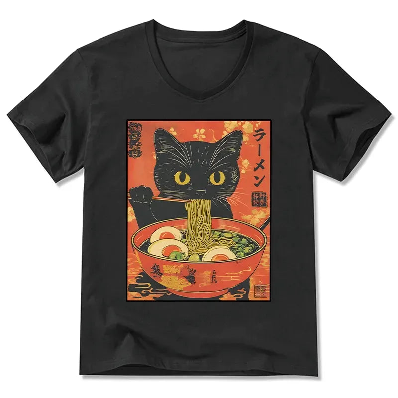 Black Cat Ramen V-Neck T-Shirt