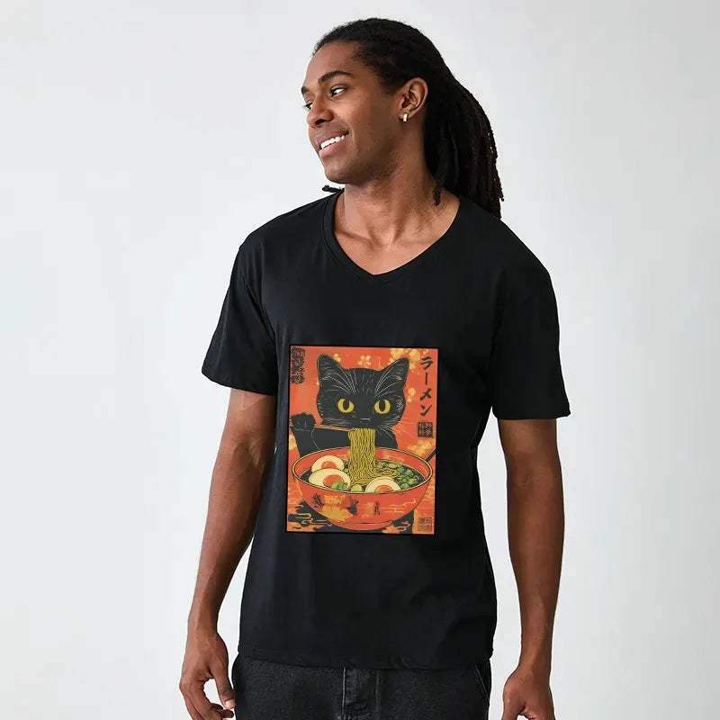 Black Cat Ramen V-Neck T-Shirt