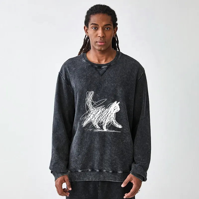 Kyoto-Lion Minimalist Cat Art Washed Terry Sweatshirt