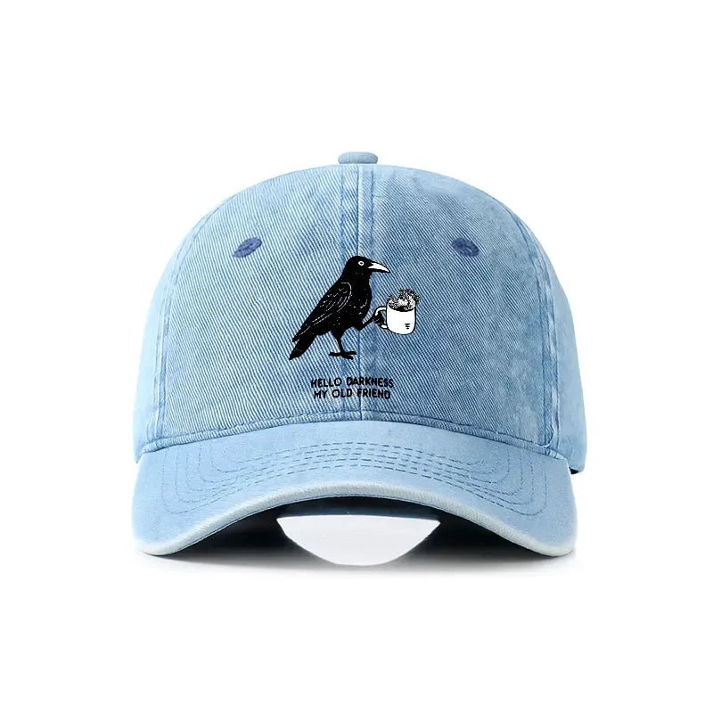 Kyoto-Lion Crow Drinking Black Coffee Funny Denim Cap