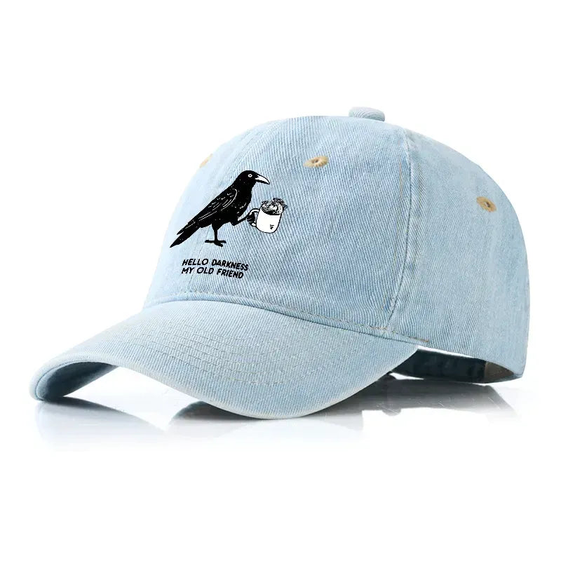 Kyoto-Lion Crow Drinking Black Coffee Funny Denim Cap