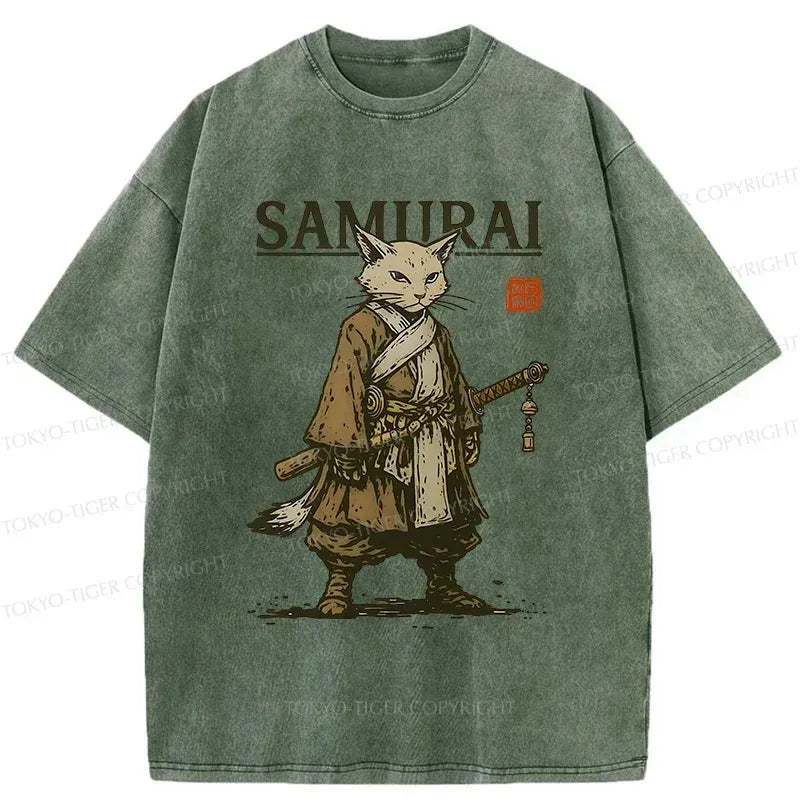 Japanese Samurai Cat Washed T-Shirt