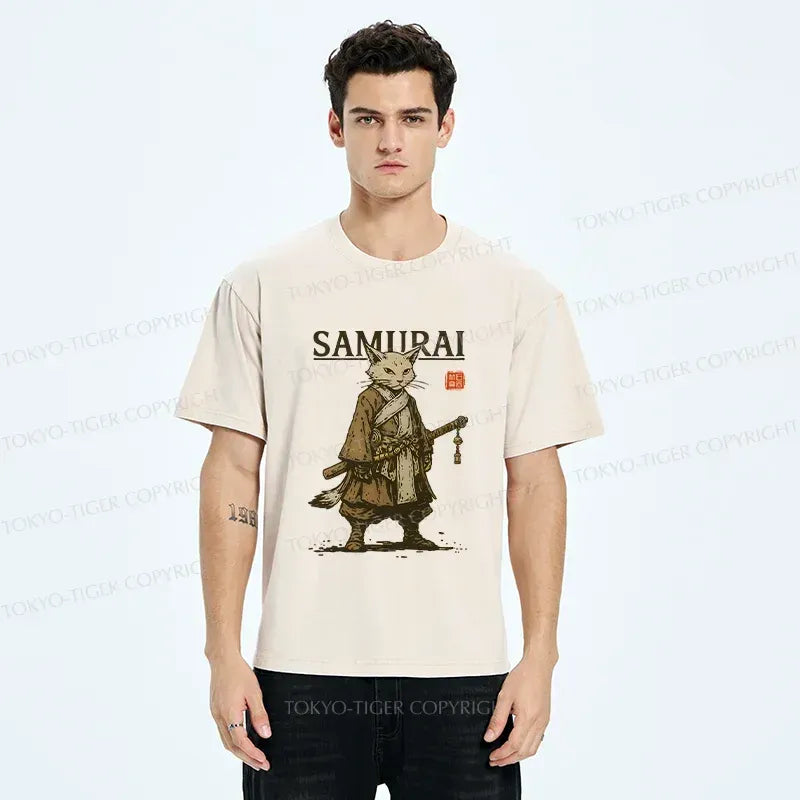 Japanese Samurai Cat Washed T-Shirt