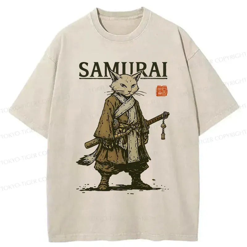 Japanese Samurai Cat Washed T-Shirt