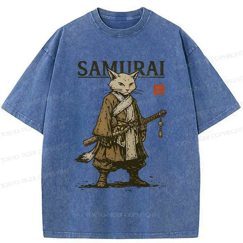 Japanese Samurai Cat Washed T-Shirt