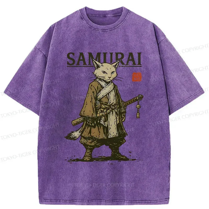 Japanese Samurai Cat Washed T-Shirt