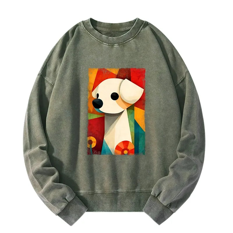 Kyoto-Lion Retro Abstract Color Block Puppy Art Washed Sweatshirt
