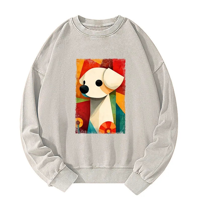 Kyoto-Lion Retro Abstract Color Block Puppy Art Washed Sweatshirt