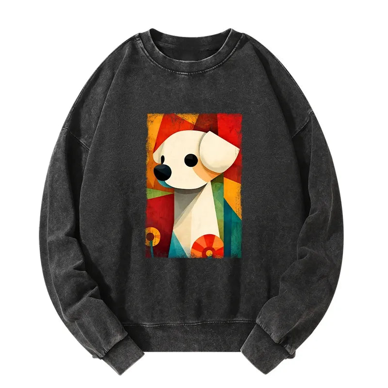 Kyoto-Lion Retro Abstract Color Block Puppy Art Washed Sweatshirt