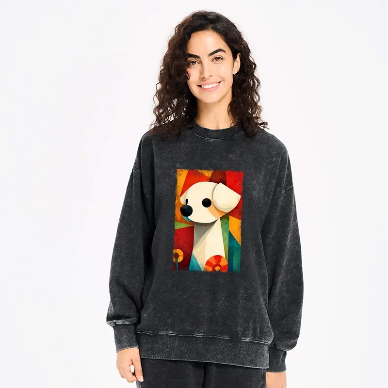 Kyoto-Lion Retro Abstract Color Block Puppy Art Washed Sweatshirt