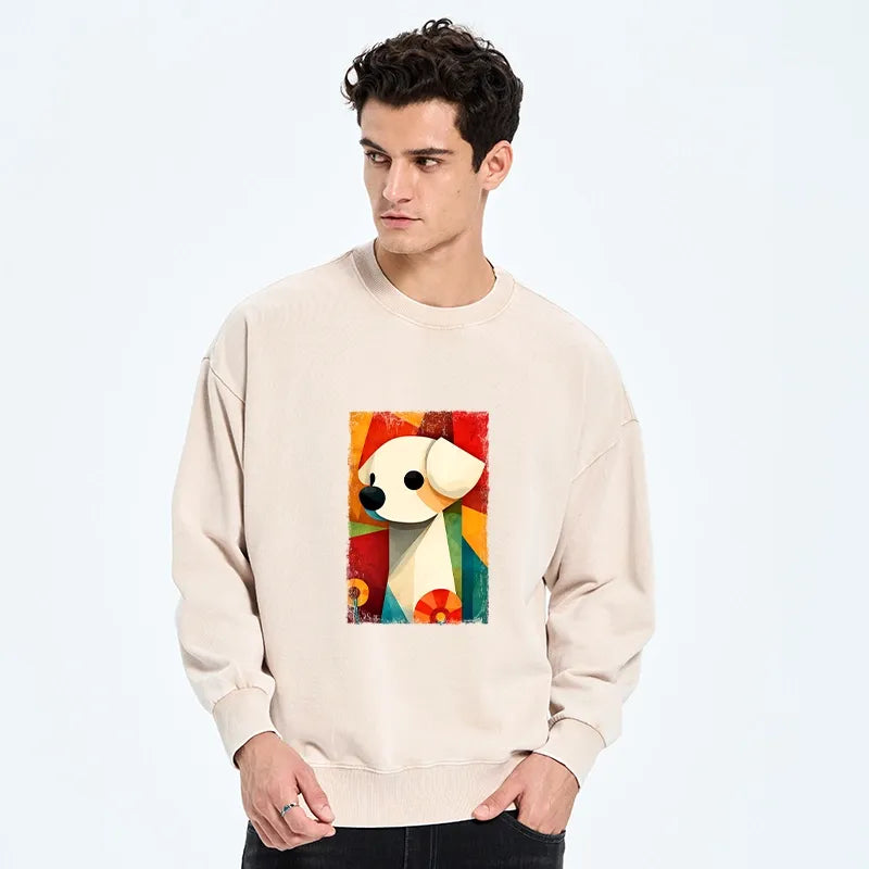 Kyoto-Lion Retro Abstract Color Block Puppy Art Washed Sweatshirt