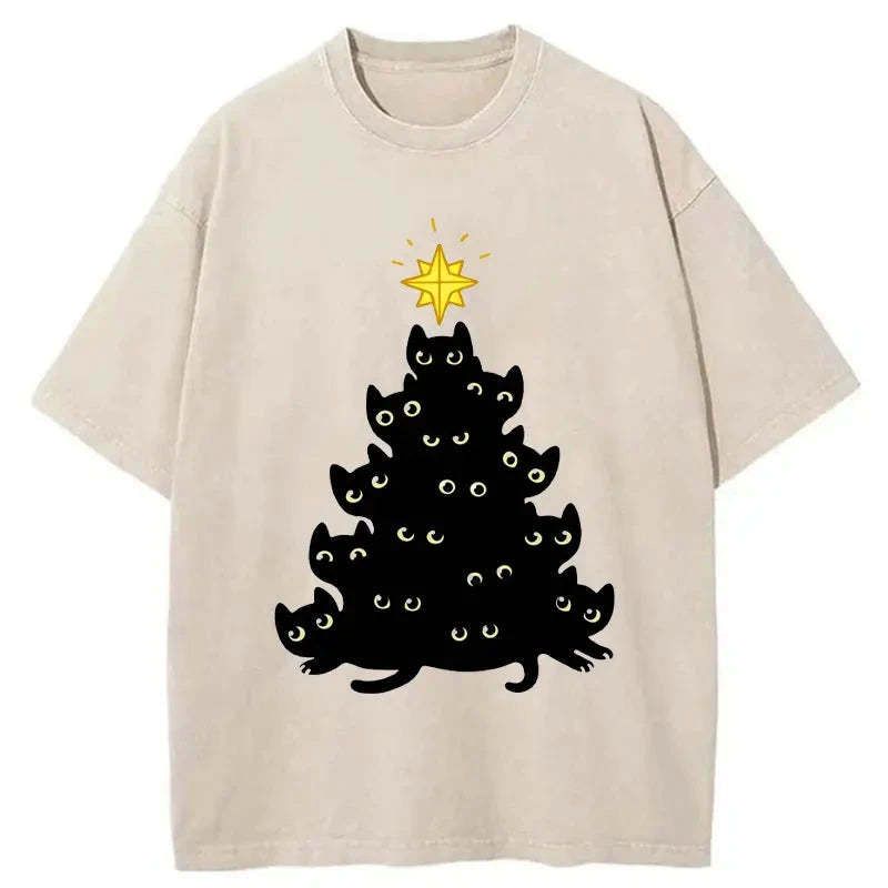 Kyoto-Lion Black Cat Christmas Tree Washed T-Shirt