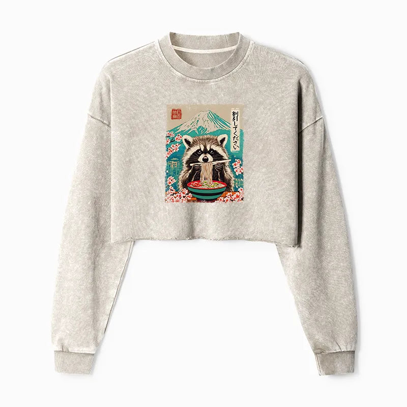 Kyoto-Lion Please Give Raccoon A Discount Washed Crop Sweatshirt