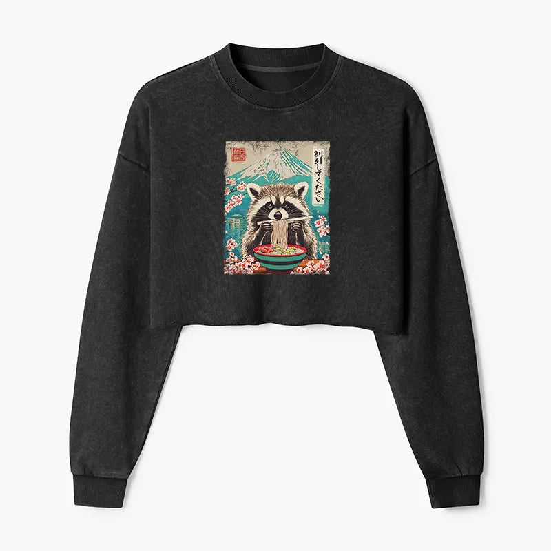 Kyoto-Lion Please Give Raccoon A Discount Washed Crop Sweatshirt